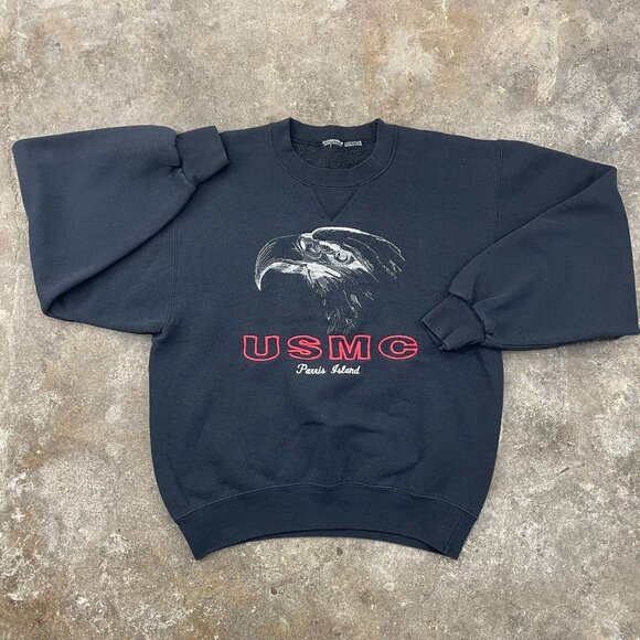 Vintage Marines Sweatshirt Mens Small USMC Marine Corps Embroidered Black - Picture 1 of 7